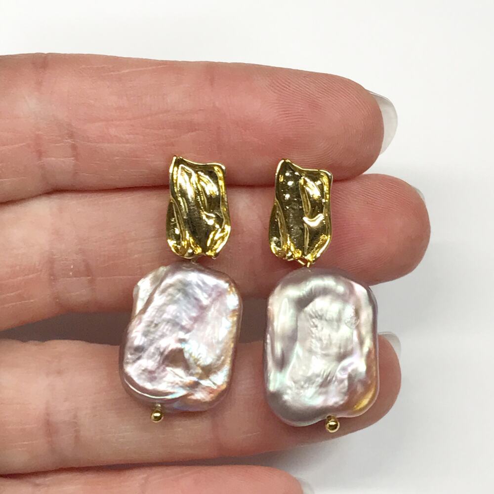 Gold Plated 925 Sterling Silver Lavender Square Coin Baroque Pearl Drop Earrings - Picture 7 of 11